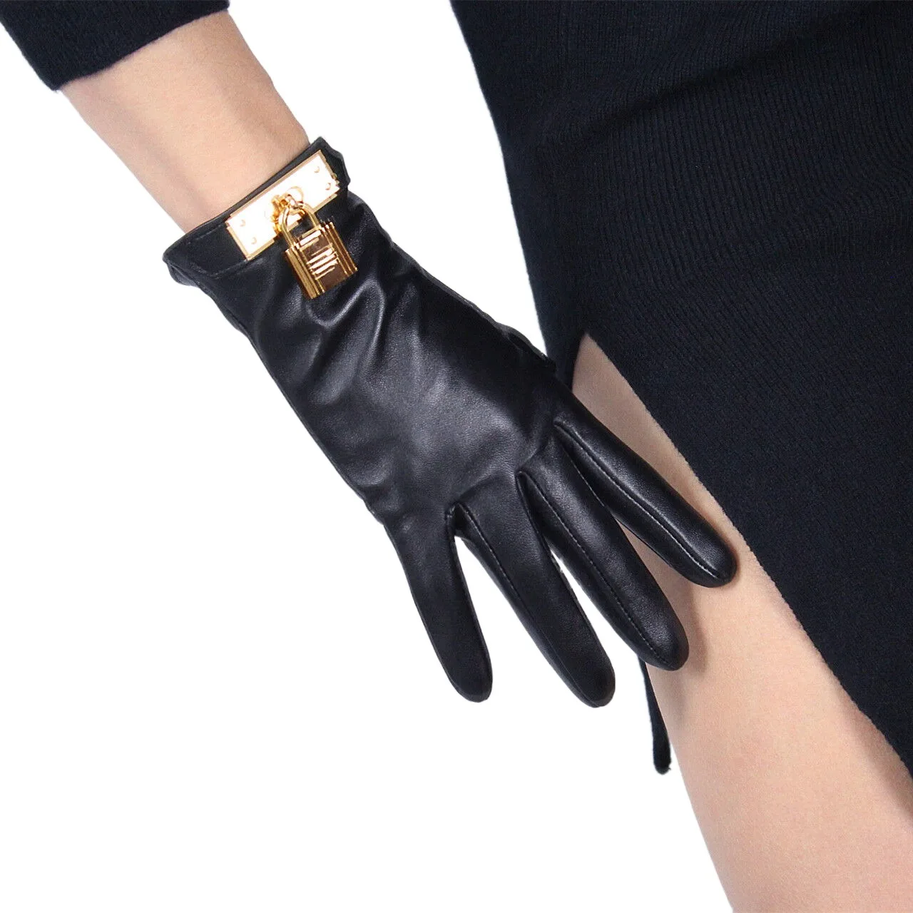 DooWay Women TECH GLOVES Real Leather Wrist Short Black Lambskin Sheepskin Golden Spring Lock Charm Driving Warm Winter Glove