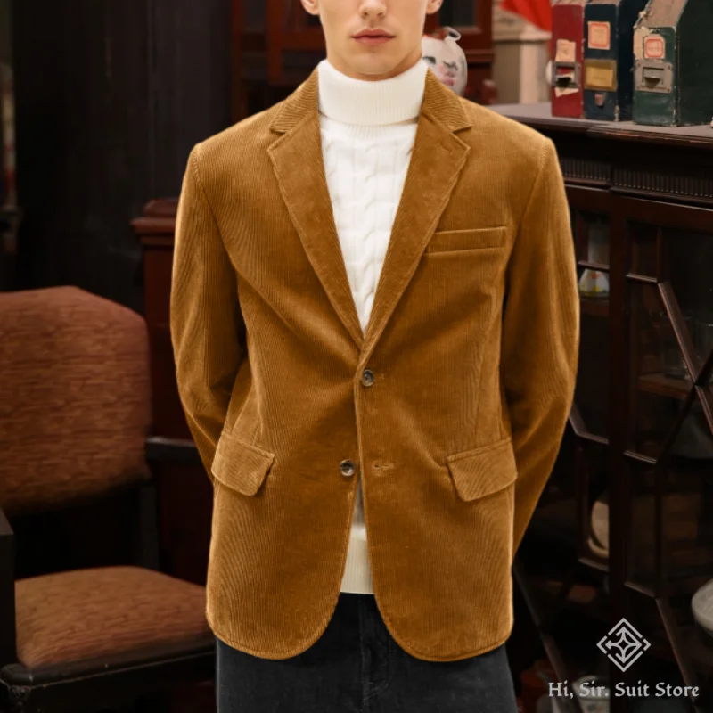 

Коричневый вельветовый термомужской пиджак, удерживающий тепло в тонкую полоску, весенний деловой костюм для мужчин, пиджак, оптовая продажа