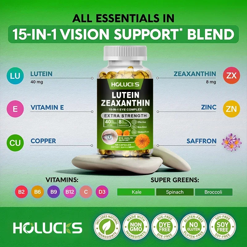 Holucks Eye Vitamins with Lutein and Zeaxanthin Extract Supports Tired, Dry Eyes, Macular and Vision Health, 60/120 Capsules