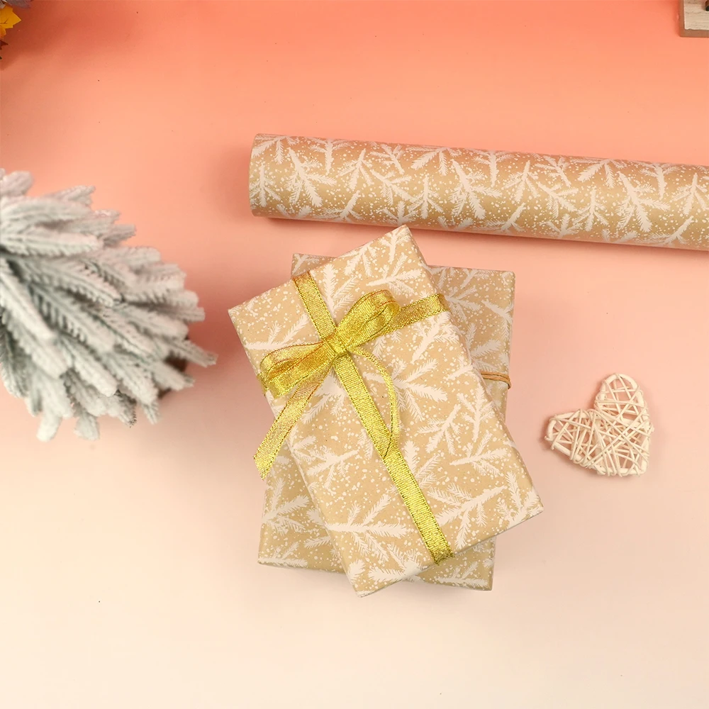 1 Roll Christmas Wrapping Paper Roll, Vintage Kraft Wrapping Paper, 17 Inch x 49 Feet, White Pine Branches Design Gift Wrapping