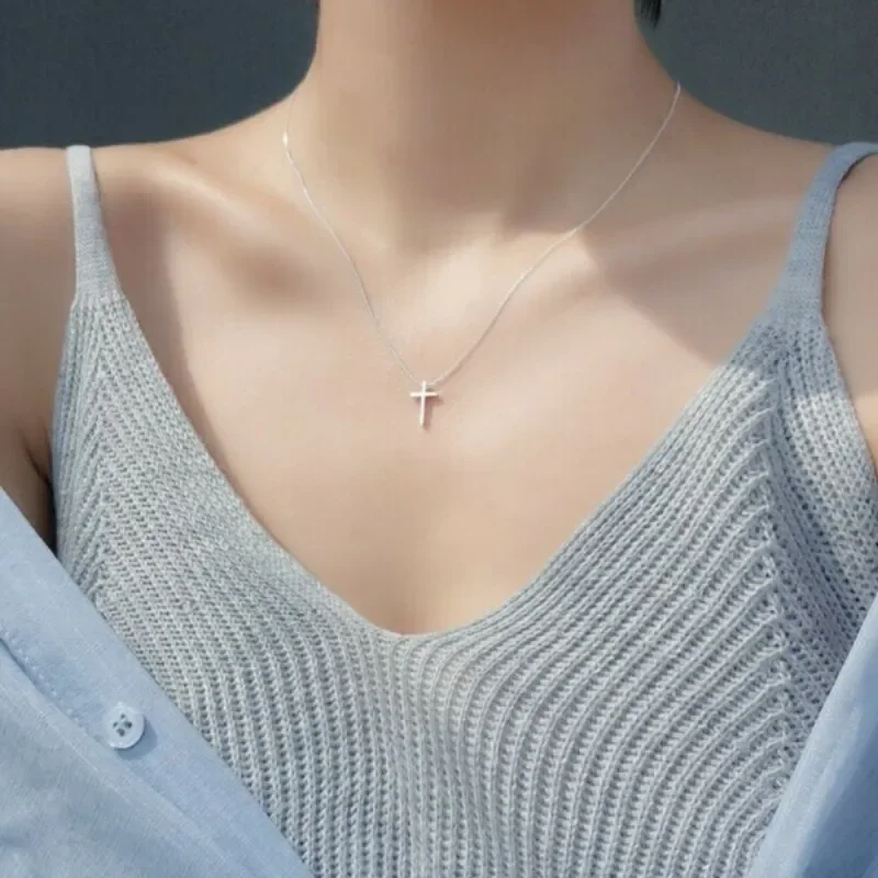 925 Sterling Silver Zircon Necklace Shining Cross Choker Necklaces for Women Girls Party Elegant Fashion Fine Jewelry