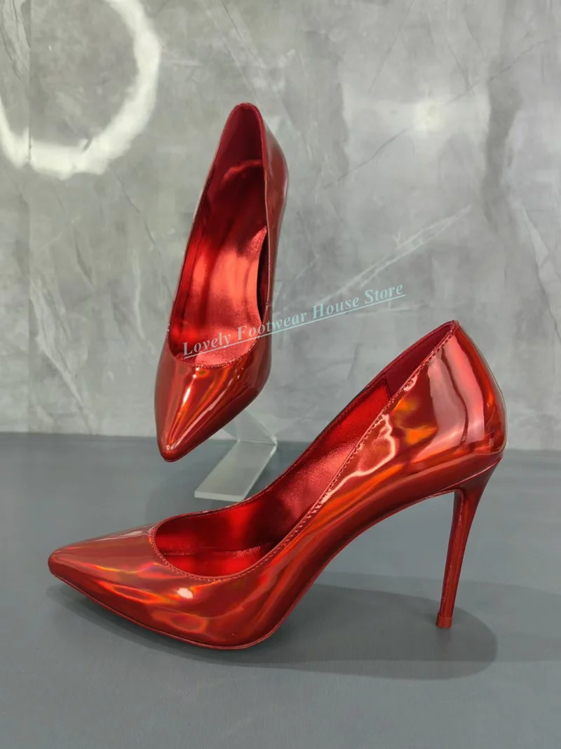 

Изящные женские туфли-лодочки из красной золотой кожи на шпильке с острым носком без шнуровки на тонком высоком каблуке, женские вечерние свадебные туфли-лодочки