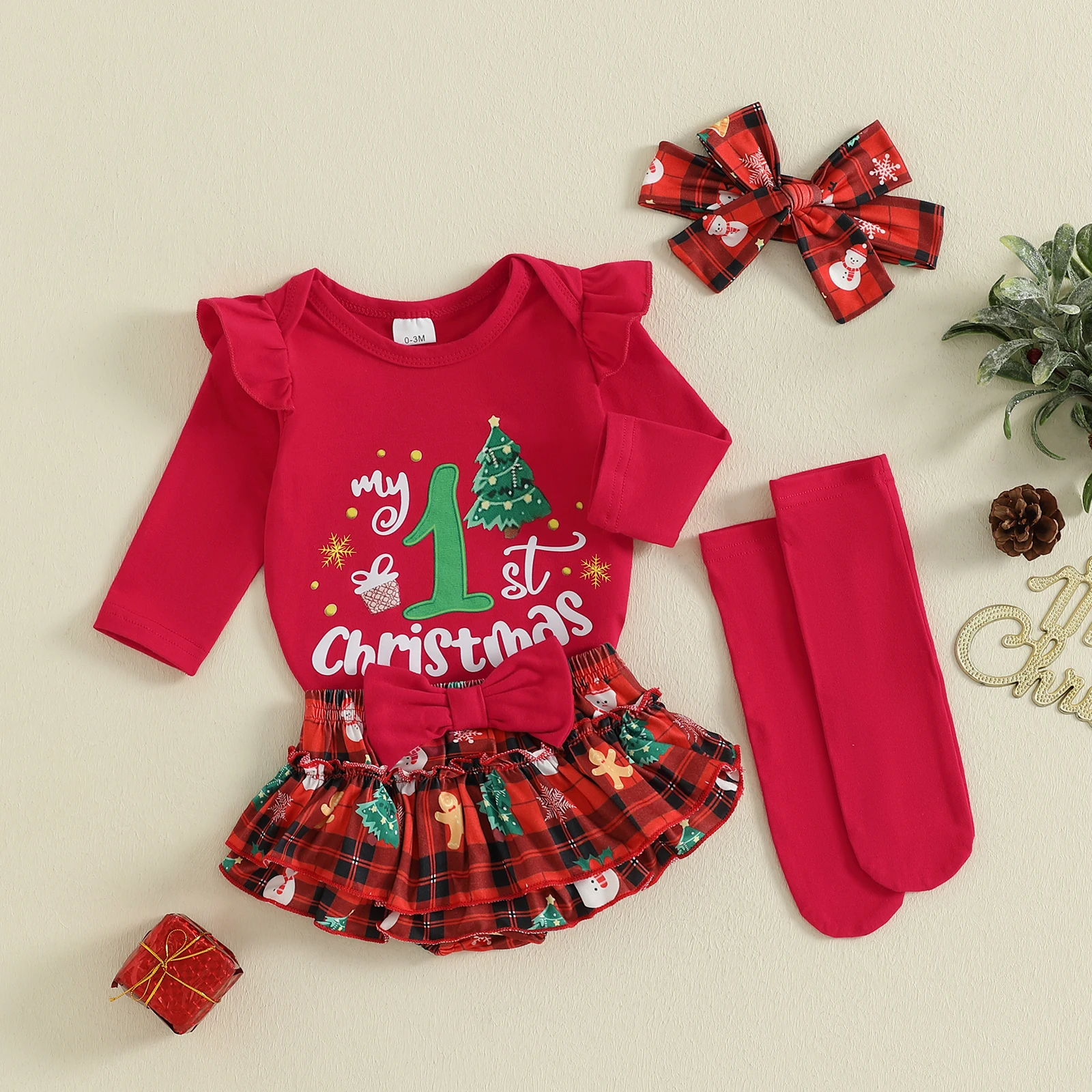 

Suefunskry Рождественский наряд для маленьких девочек, комбинезон с длинными рукавами и буквами, шорты в клетку, повязка на голову, носки