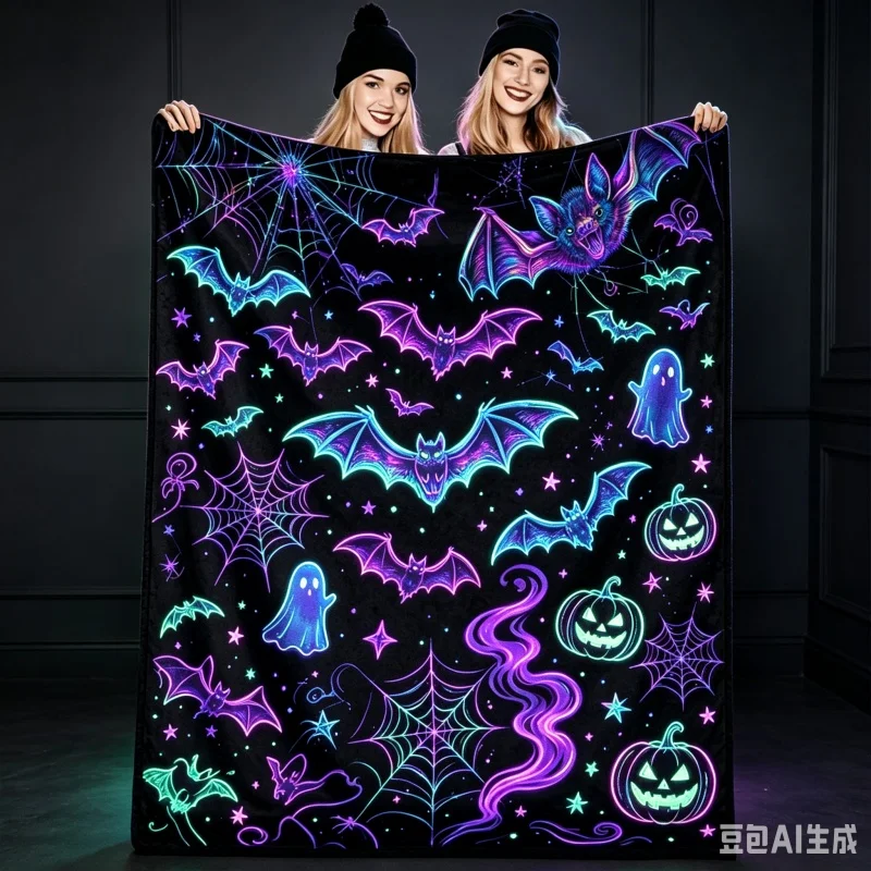 Neon Bat Ghost Pumpkin Halloween Throw Blanket,Soft Flannel Warm Blanket,Glow‑in‑the‑Dark Spooky Print Cozy Blanket