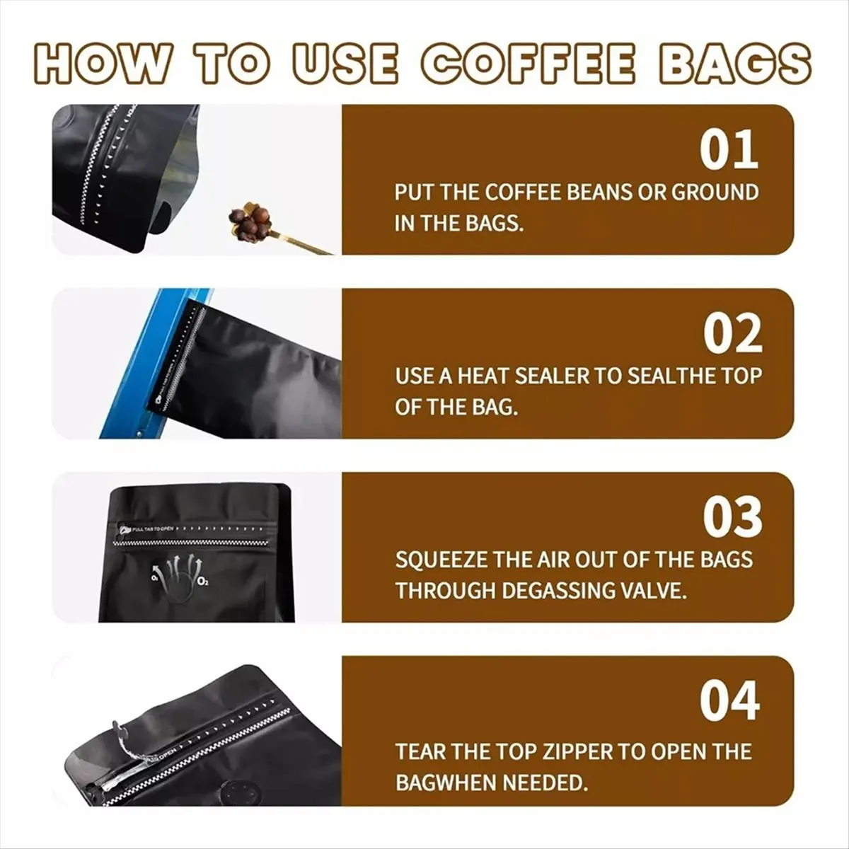 *A91P 50 PCS Coffee Bags with Valve Flat Bottom Standing Coffee Beans Storage Bags Reusable Heat Seal Side Zipper Pouches,D