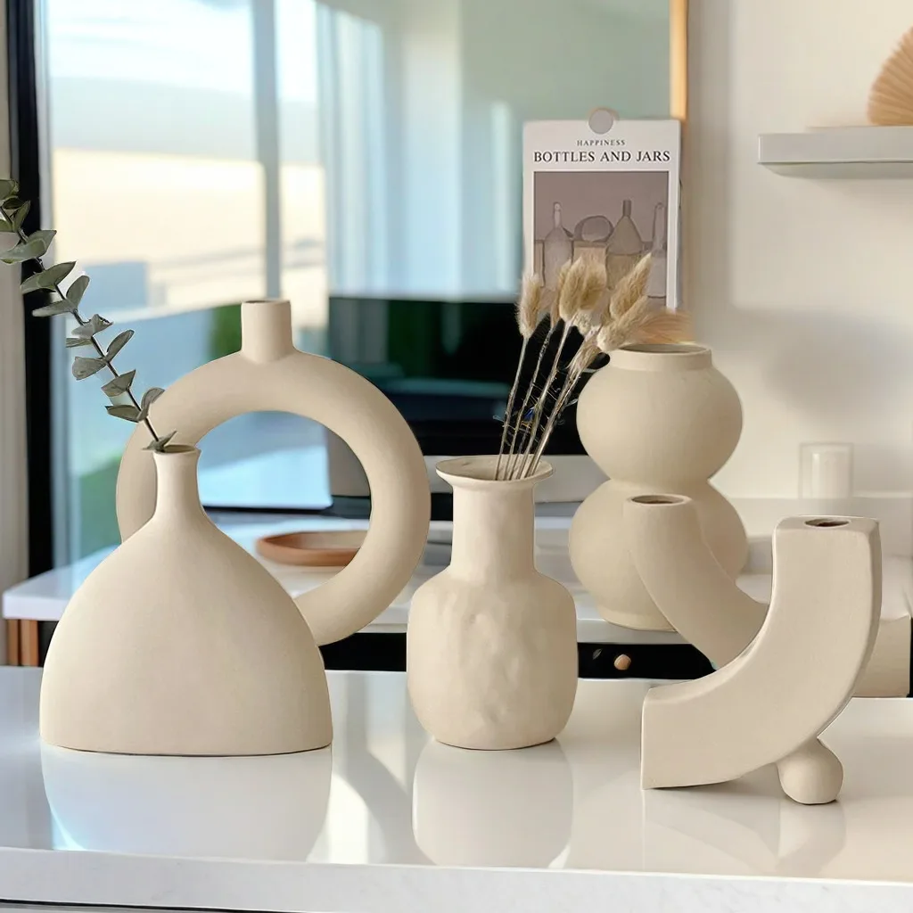 Nordic Polygon Rund Keramik Vase Hause Wohnzimmer TV Schrank Desktop Homestay Kunst Dekorationen Trockenen Blumen Arrangements Vase