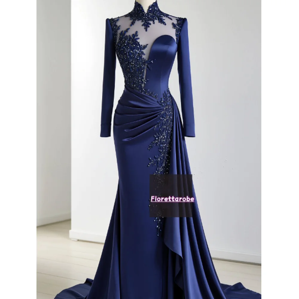 Florettarobe Dubai High Neck Perlenapplikationen Abendkleid Drapierte volle Ärmel Meerjungfrau Sweep Zug Abendkleid Maßgeschneidert
