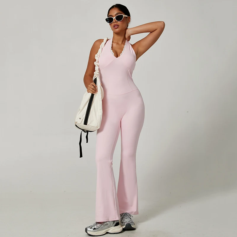 

Сексуальный кружевной комбинезон с V-образным вырезом для спорта и йоги, женский, однотонный, с открытой спиной, цельный, с расклешенными брюками, облегающий, с эффектом подтяжки бедер, для фитнеса