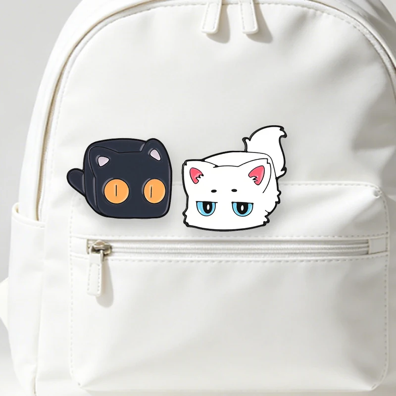 Black White Cat Square Blocky Cat Couple Badge Cute White Cat Ice Blue Eyes Pink Ears Enamel Pin Backpack Lapel Jewelry Brooches
