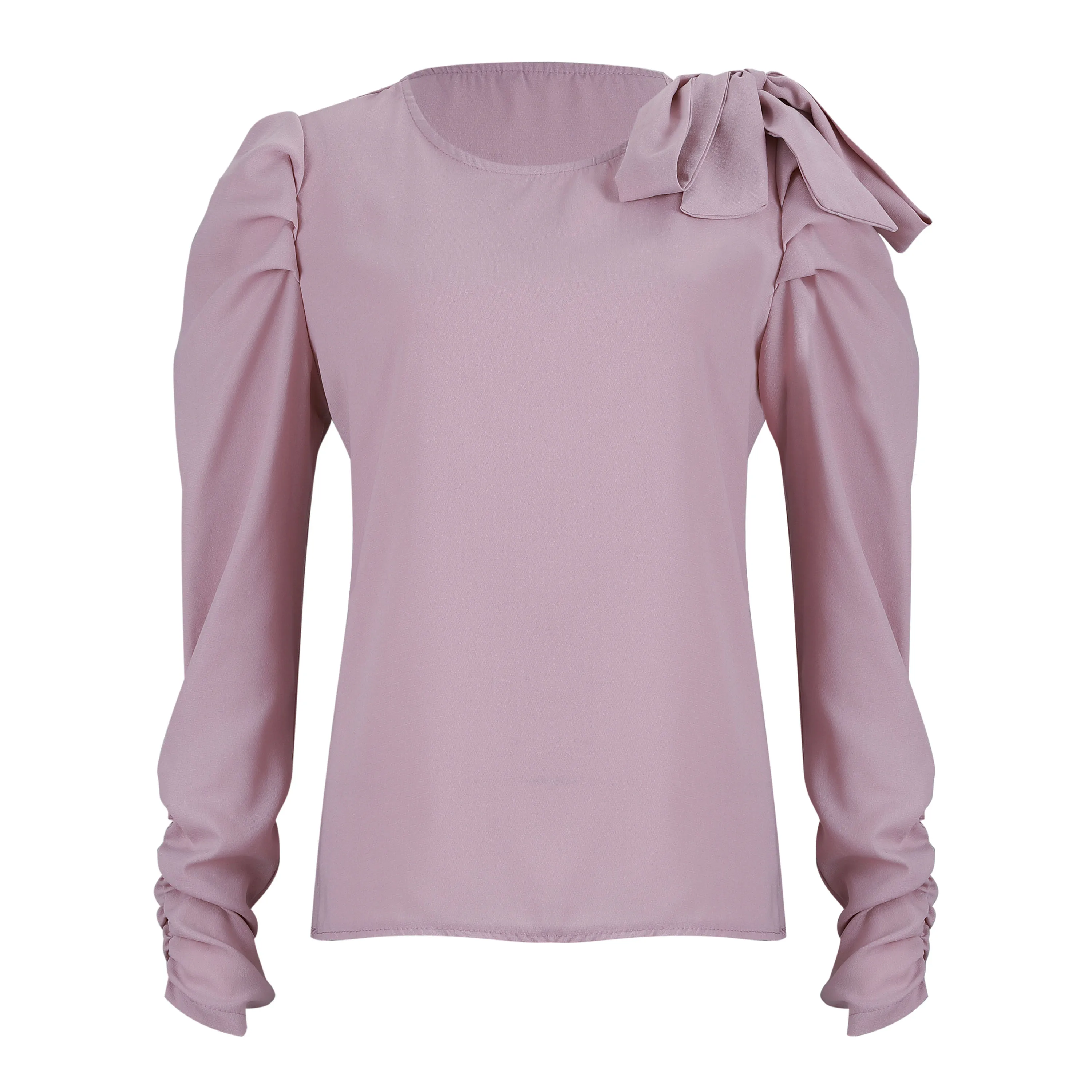 Solid Color Casual Top for Women with Ruched Sleeves & Bowknot Decor