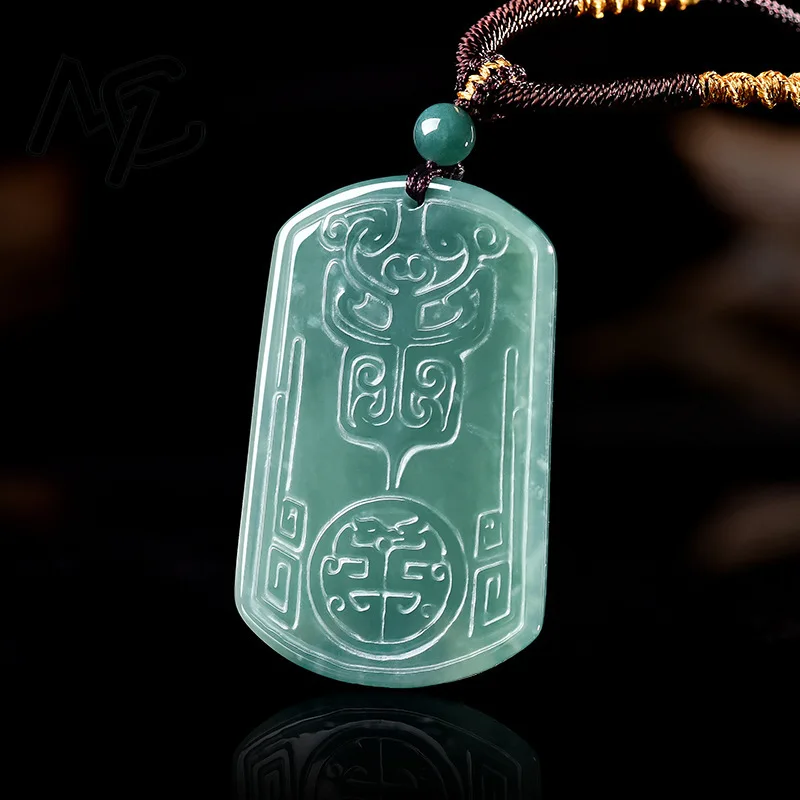 Burmese Emerald Jade Blue Water Ancient Beast Mask Pendant Amulets Fashion Natural Emerald Jewelry Gifts Men Women Certificate