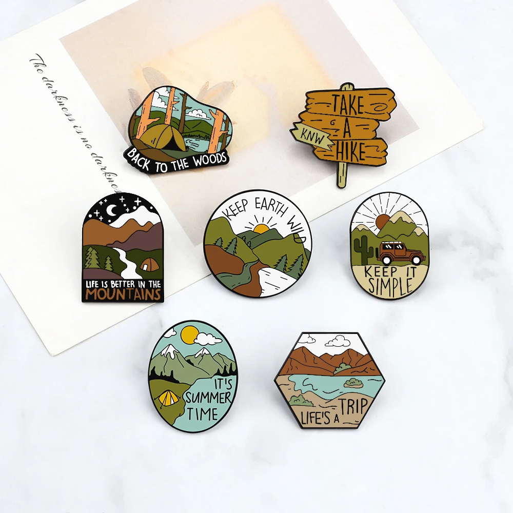 Outdoor Camping Travel Enamel Pin Cartoon Wild Hiking Adventure Brooch Mountain Starry Night Lapel Badge Bag Custom Jewelry Gift