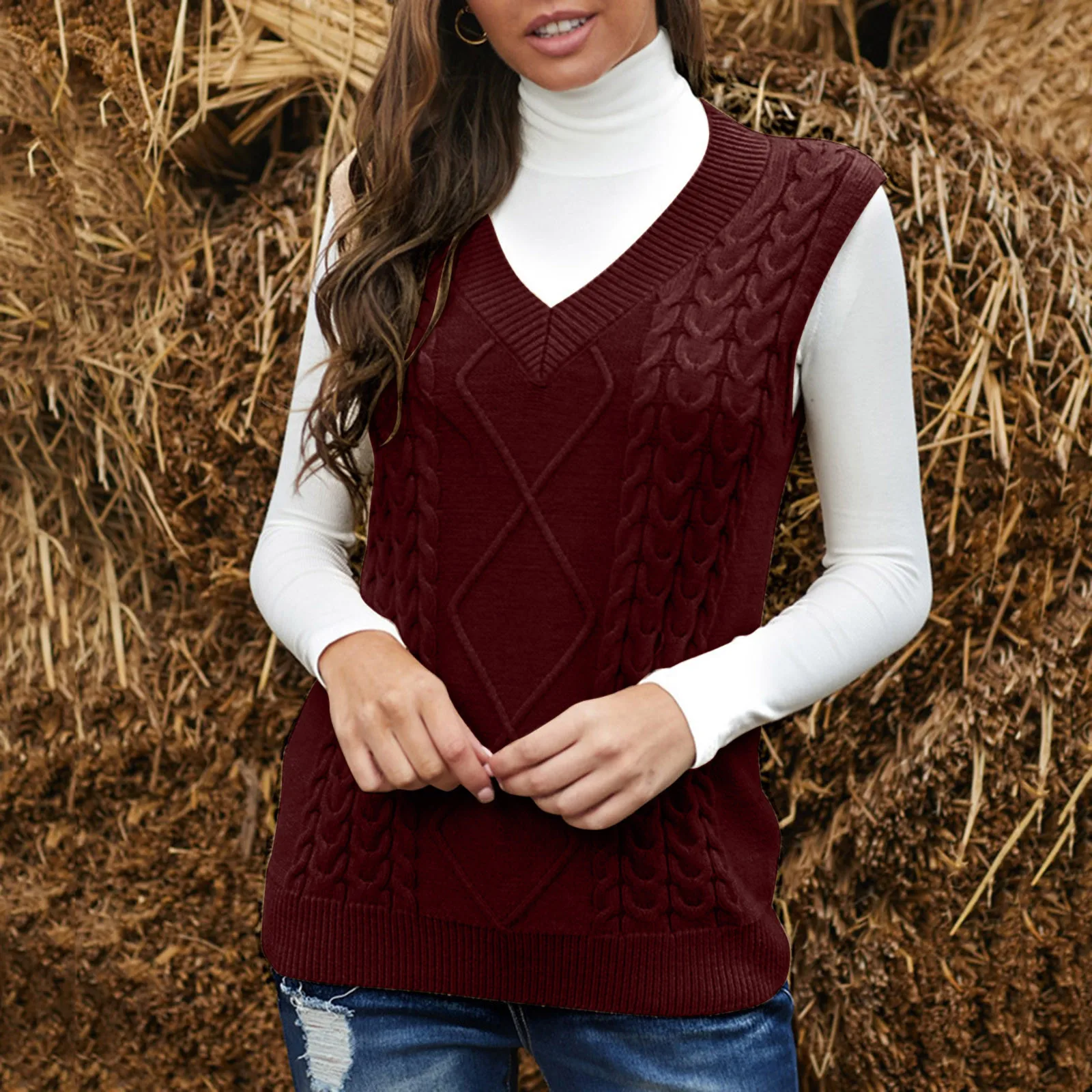 

Women's Knitted Sleeveless Vest Jumper Solid Colour Versatile Casual Waistcoat Jumper Autumn And Winter Thickened Jumper