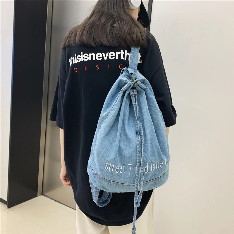 Denim Women's Backpack 2022 Trend String Back Bag Fashion College School Bags Casual Packbags for Teenage Travel Jeans Rucksack
