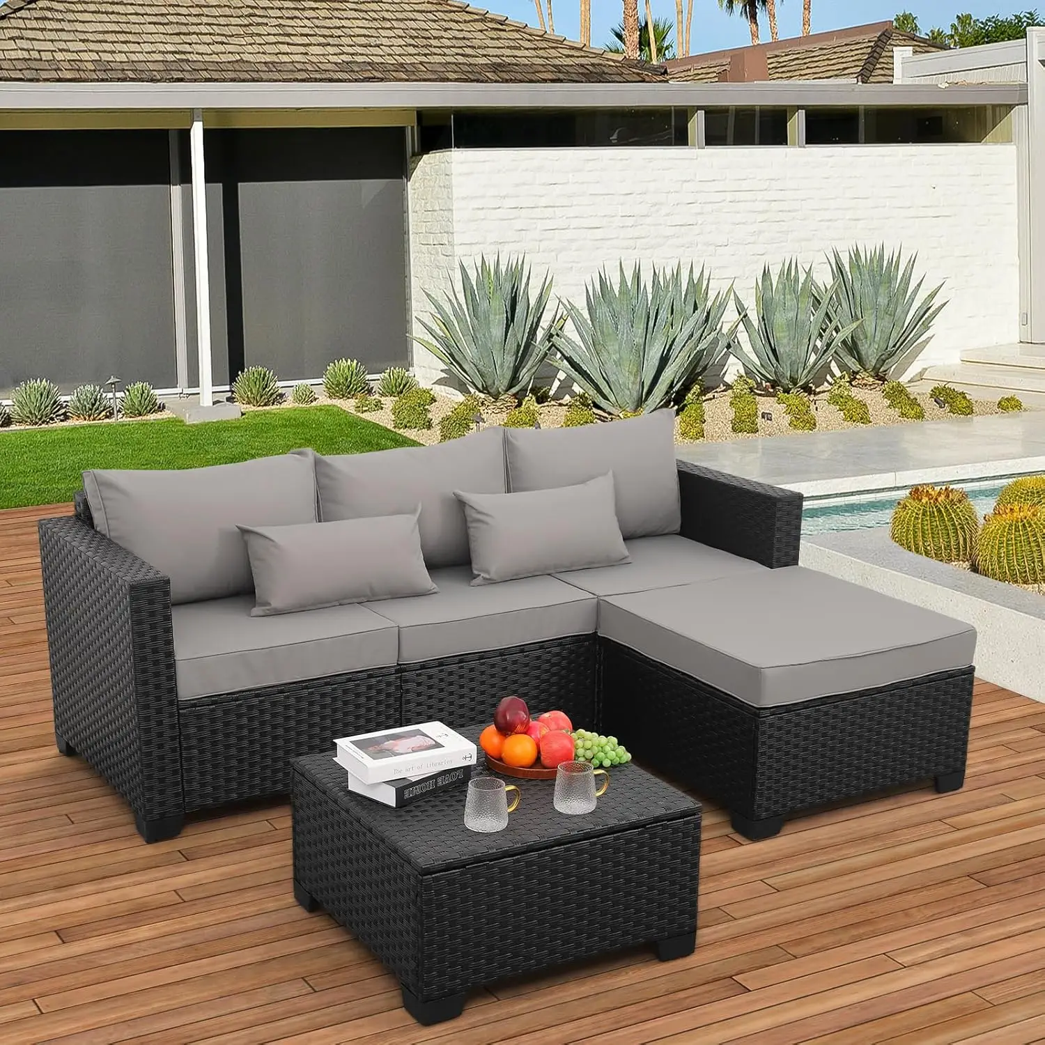 Rattaner Set furnitur teras 3 buah, anyaman teras luar ruangan dengan Ottoman dan luar ruangan