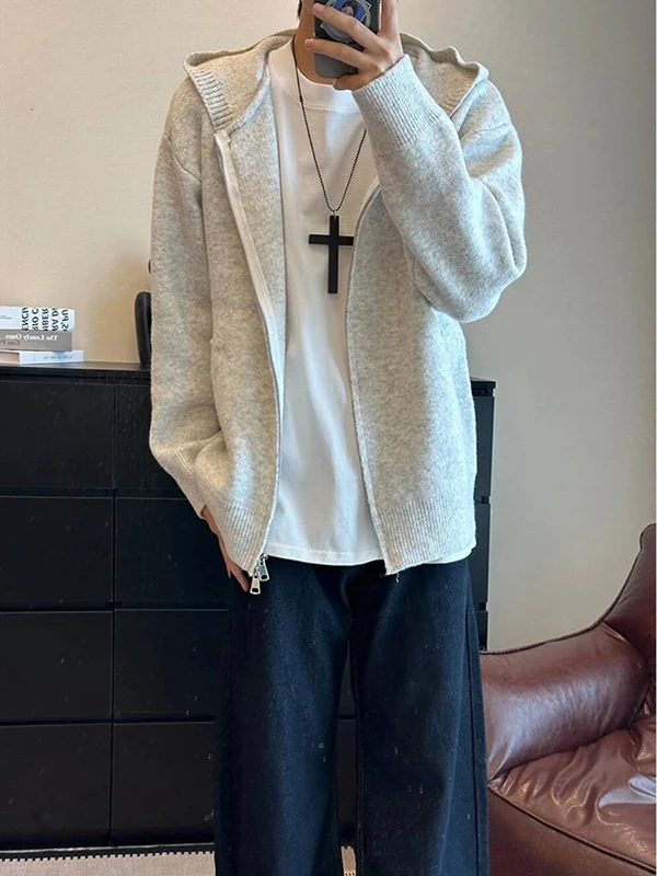 

Мужской осенний свободный вязаный кардиган с капюшоном, американский свитшот-жакет из плотной ткани