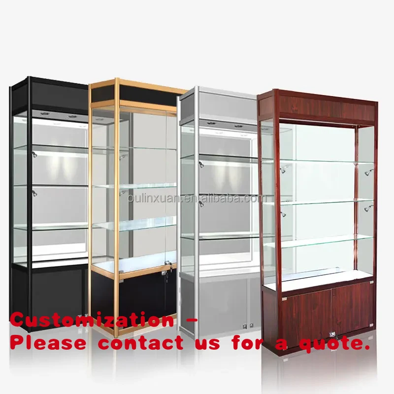 

Customize.floor-standing glass display cabinets tempered glass shelves showcase LED lighting lockable display OEM ODM