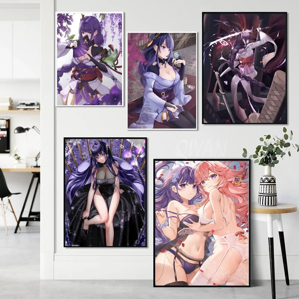 Genshin Impact Accounts Raiden Shogun Anime Girl Poster Self-adhesive Art Waterproof Paper Sticker House Bar Room Wall Decor