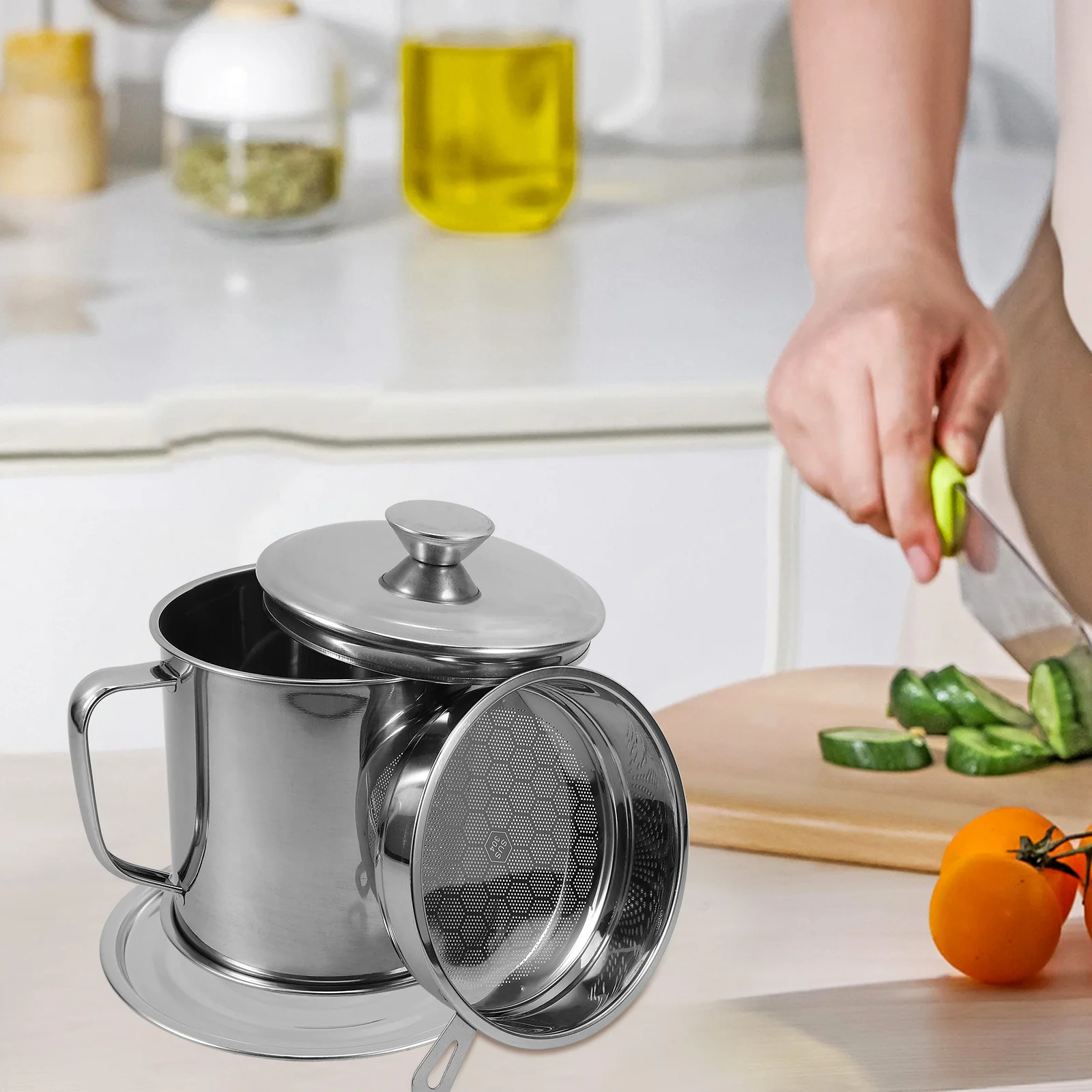 

Stainless Steel Container Large Capacity Grease With Filter Strainer For Home Cooking Storage Holder Kitchen Grease Separator