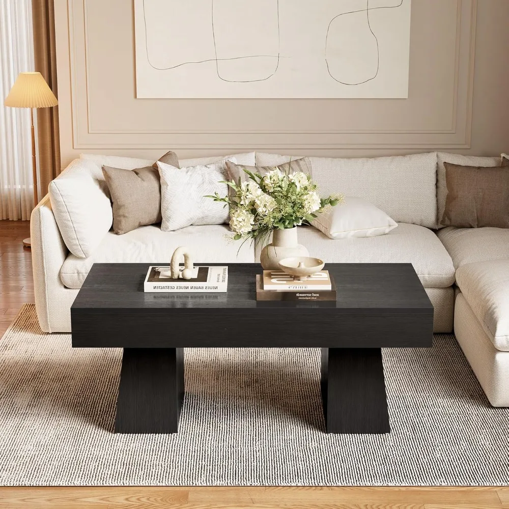 Farmhouse Coffee Table, 47 Inches Wooden Rectangular Accent Center Tables with Thick Base, Modern Low Cocktail Tea Furniture