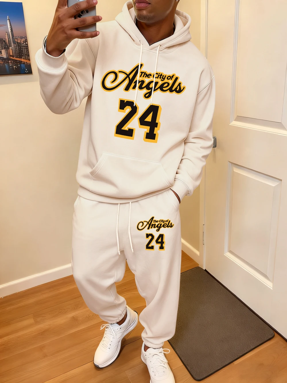 2 قطعة هوديس مجموعة رجالي مدينة الملائكة 24 طباعة Sweatpants الشتاء جيب فضفاض هودي سراويل للجري رياضي الصوف الملابس الدافئة