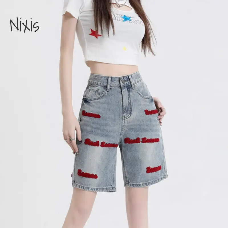 Retro Letter Embroidered Denim Shorts Women's Summer High Waist Loose Straight Half Pants Jeans Fashion Streetwear Female