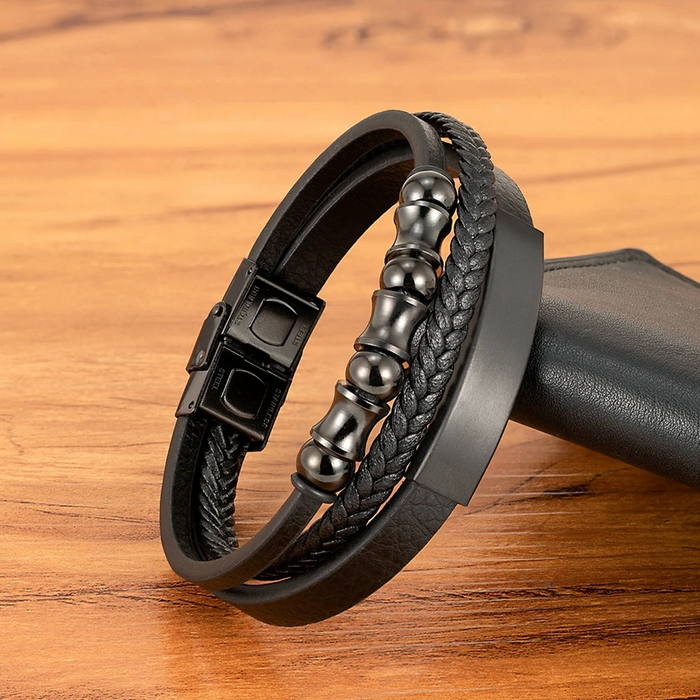 XQNI Stainless Steel Bracelet Men Magnetic Punk Black Leather Wristband Mature and Elegant Giving Bangle The Best Gift for Men