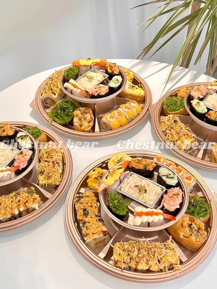 

Custom. High-Grade Double-Layer Six Compartments Sushi Box Disposable Dessert Bento to-Go Box Baking Pastry Packaging round Plat