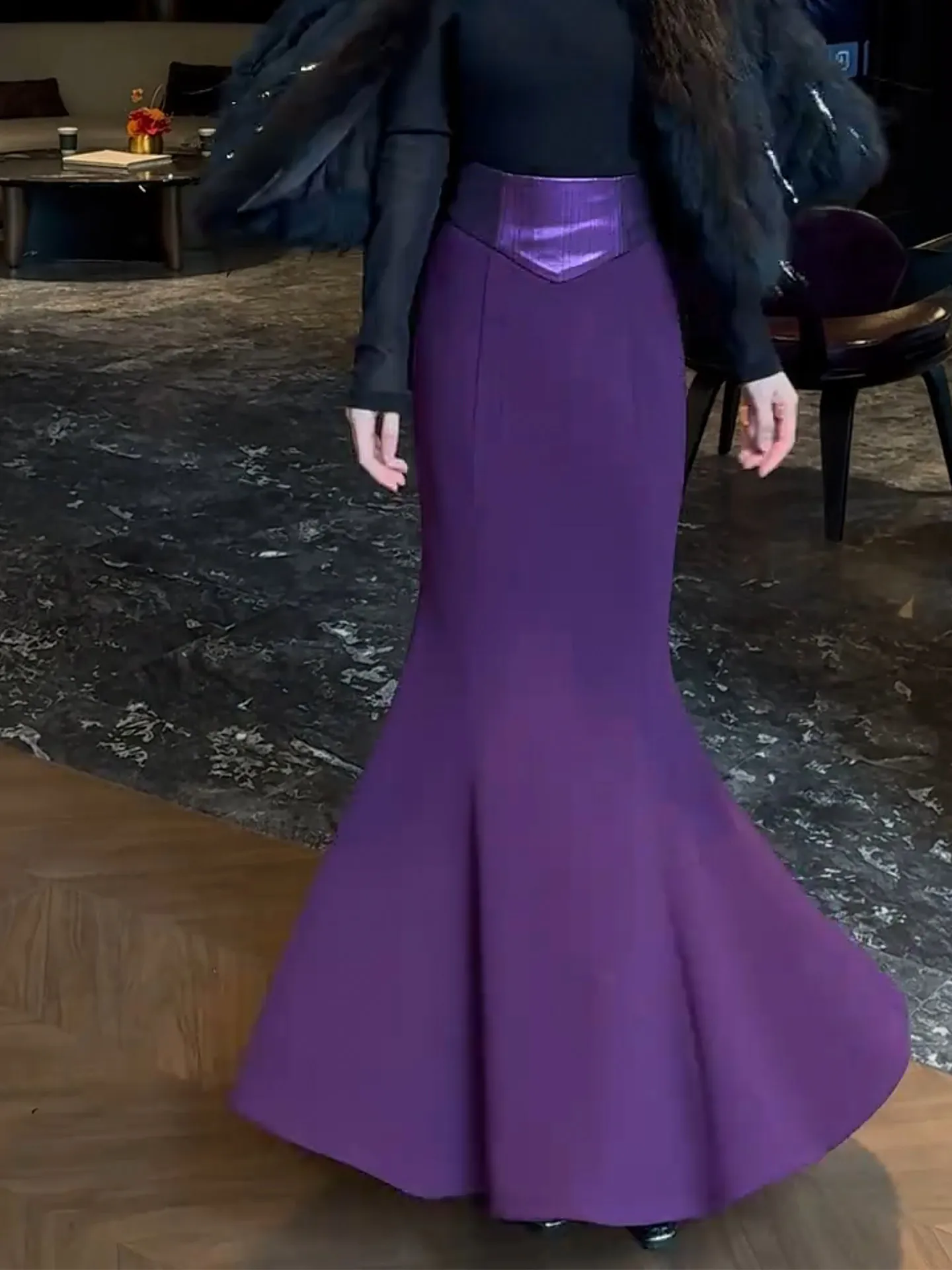 

Faionable High-End Lady Splice Slim Fi Tail f Skirt Godd Sle Ultra Beautiful Purple Long Dr Early Spring