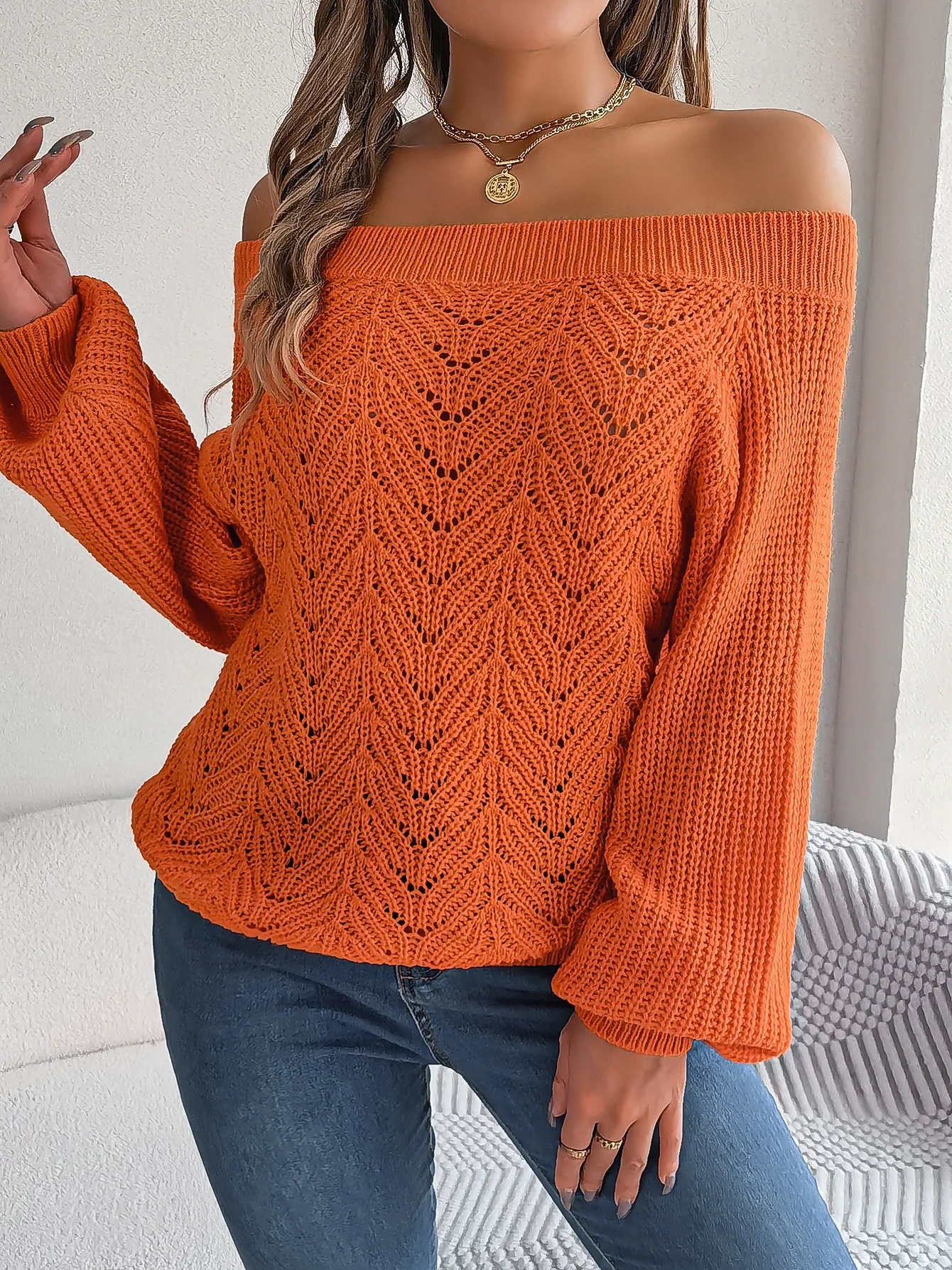 Autumn Winter Casual Solid Color Hollow Out Sweater Off Shoulder Lantern Sleeve Knitted Pullover Women Clothes Rose Red