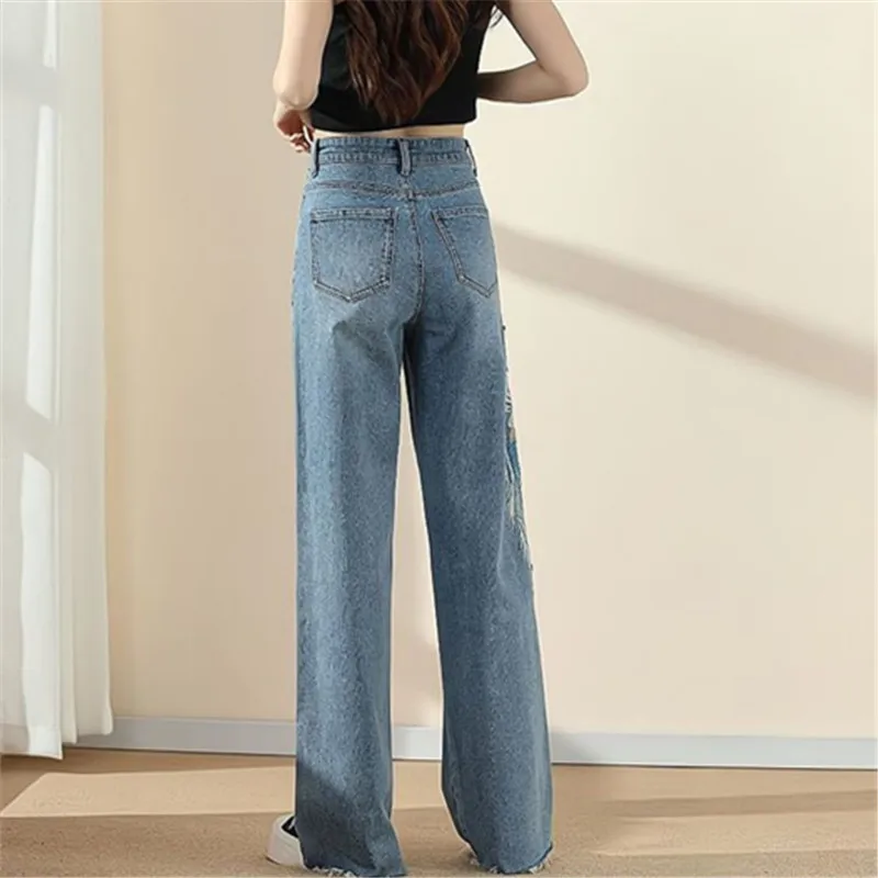 Wide-Leg High-Waisted Jeans Straight Trousers Women\'s 2023 Summer New Phoenix Embroidery Fashion Temperament Vintage Denim Pants