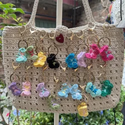 10pcs/lot 3.5cm Handmade Crochet Keychain Cute Butterfly Handmaking Knitting Keyring For Car Knitted Keychain Cloth Hat Decor