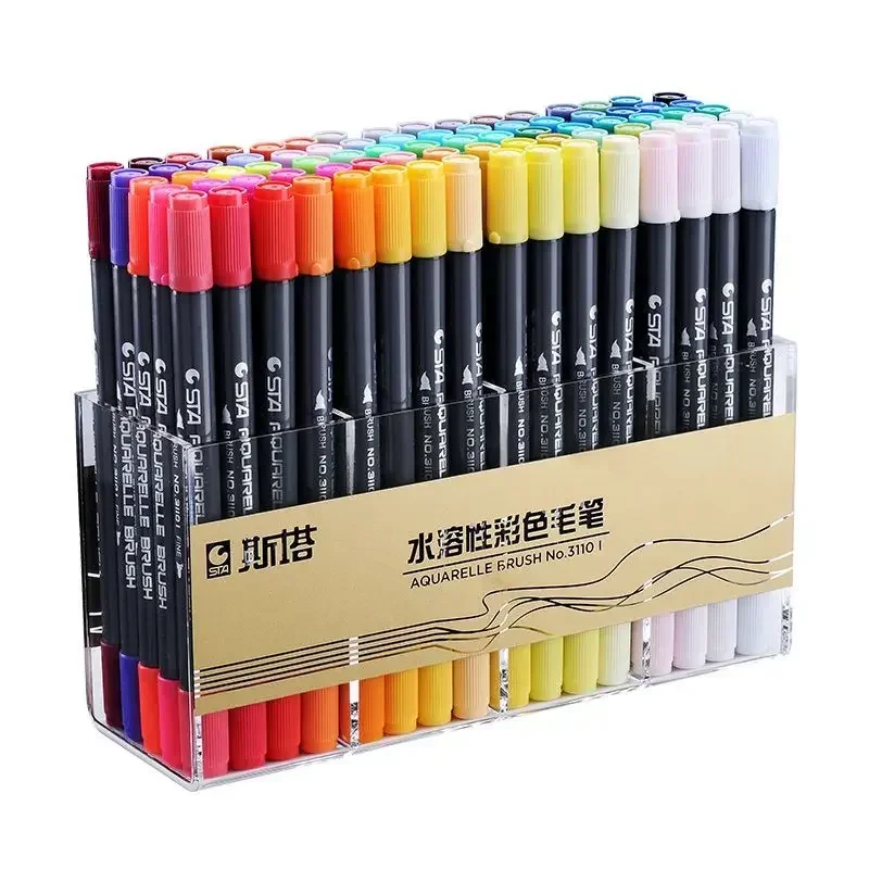 STA 12/24/36/48/80 Colors Dual Tips Watercolor Brush Marker Pen Set with Fineliner Tip For Drawing Design Art Marker Supplies