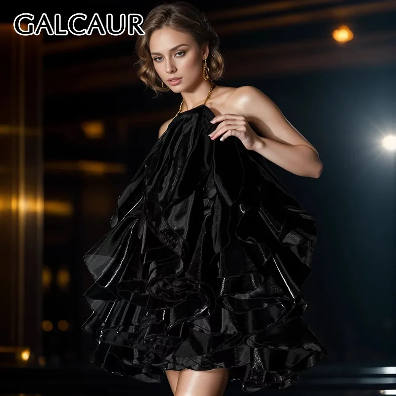 

GALCAUR Irregular Hem Dresses For Women Halter Sleeveless High Waist Spliced Pleated Loose Minimalist Dress Female Summer Style