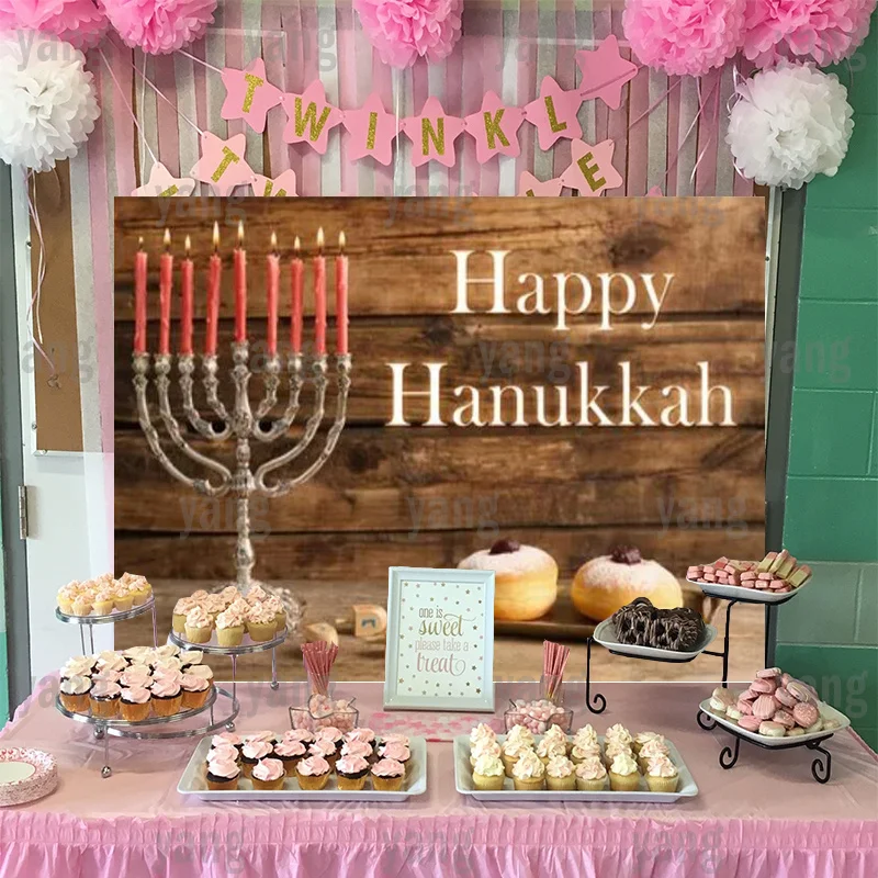 Custom Warm Food Wooden Background Lights Backdrop Banner Wall Happy Hanukkah Jewish Party Red Candle Cartoon Decoration