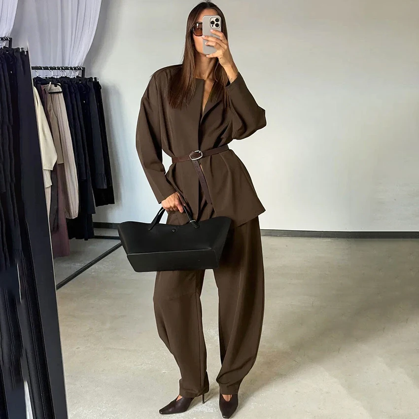 Linad Elegant Khaki Long Pants Outfits Fashion Bandage Blouse And Wide Leg Pants Two Piece Sets Women Autumn Trousers Suits 2025