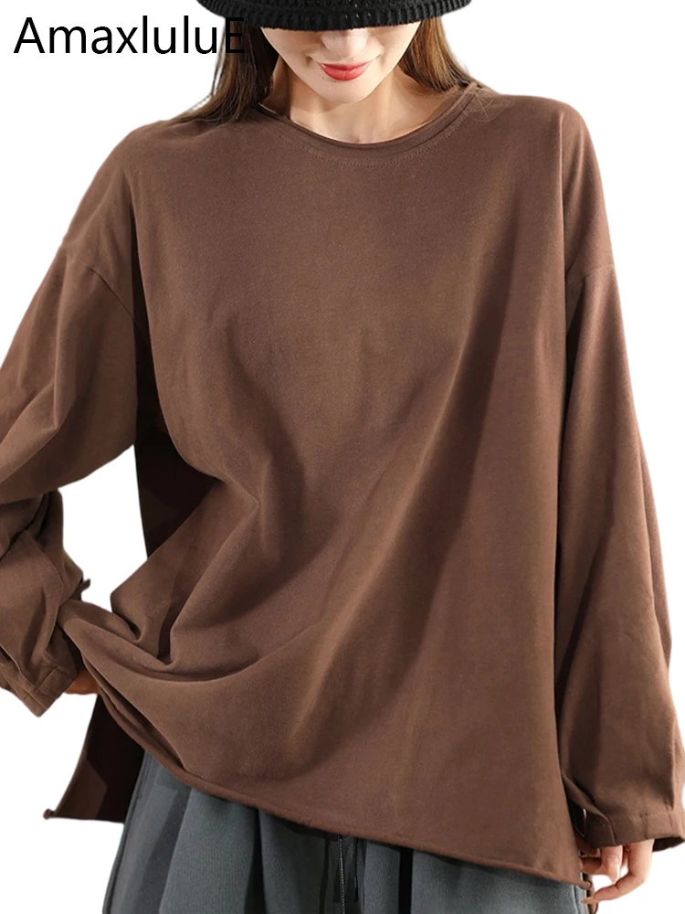 

Amax LuluE 2025 Winter Fashion Clothes Womens Korean Classic Cotton T-shirts Ladies Casual Vintage O Neck Solid Long Sleeve Tops
