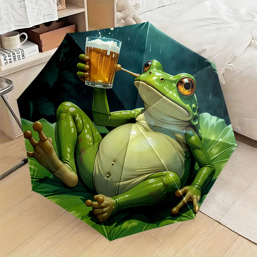 1PC Relaxed Frog Artwork on Unique Umbrella Design Print 8 Iron Ribs Folding Umbrella Auto-Open Fashion Sunshade