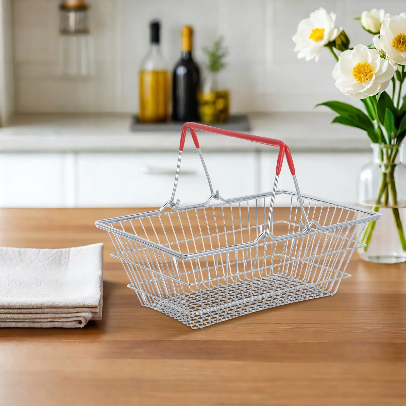 Stainless Steel Fruit Basket Metal Wire Bread Serving Snack Bowl Holder 9x6x3 Easy Carry Handle Kitchen Counter