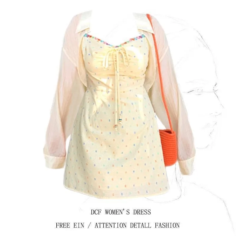 プラスサイズ 花柄プリント レディース 夏用ストラップ付き日焼け止め服 ツーピースセット カジュアル エレガント Aラインスカート