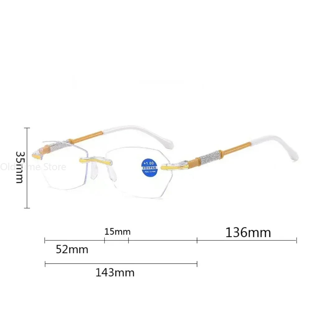 New Rimless Diamond Cutting Presbyopic Glasses Ladies Anti Blue Light Ultra Light Reading Glasses +1.0+1.5+2.0+2.5+3.0+3.5+4.0