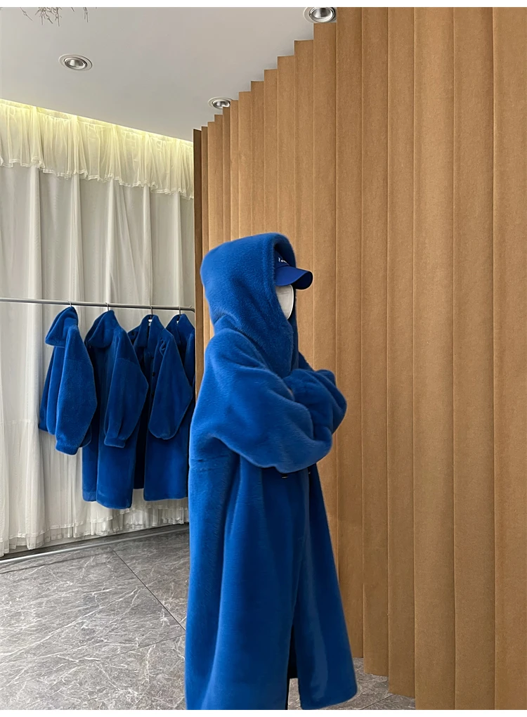 Lautaro Winter Long Oversized Warm Thick Blue White Fluffy Faux Fur Coat Women with Hood 2022 Loose Casual Korean Style Fashion
