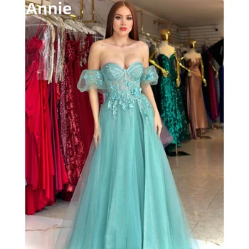 Annie 3D Applique พรหม Sweetheart Glitter Tulle ชุดราตรี A-รูปงานแต่งงานชุด Vestidos De Noche ที่กําหนดเอง