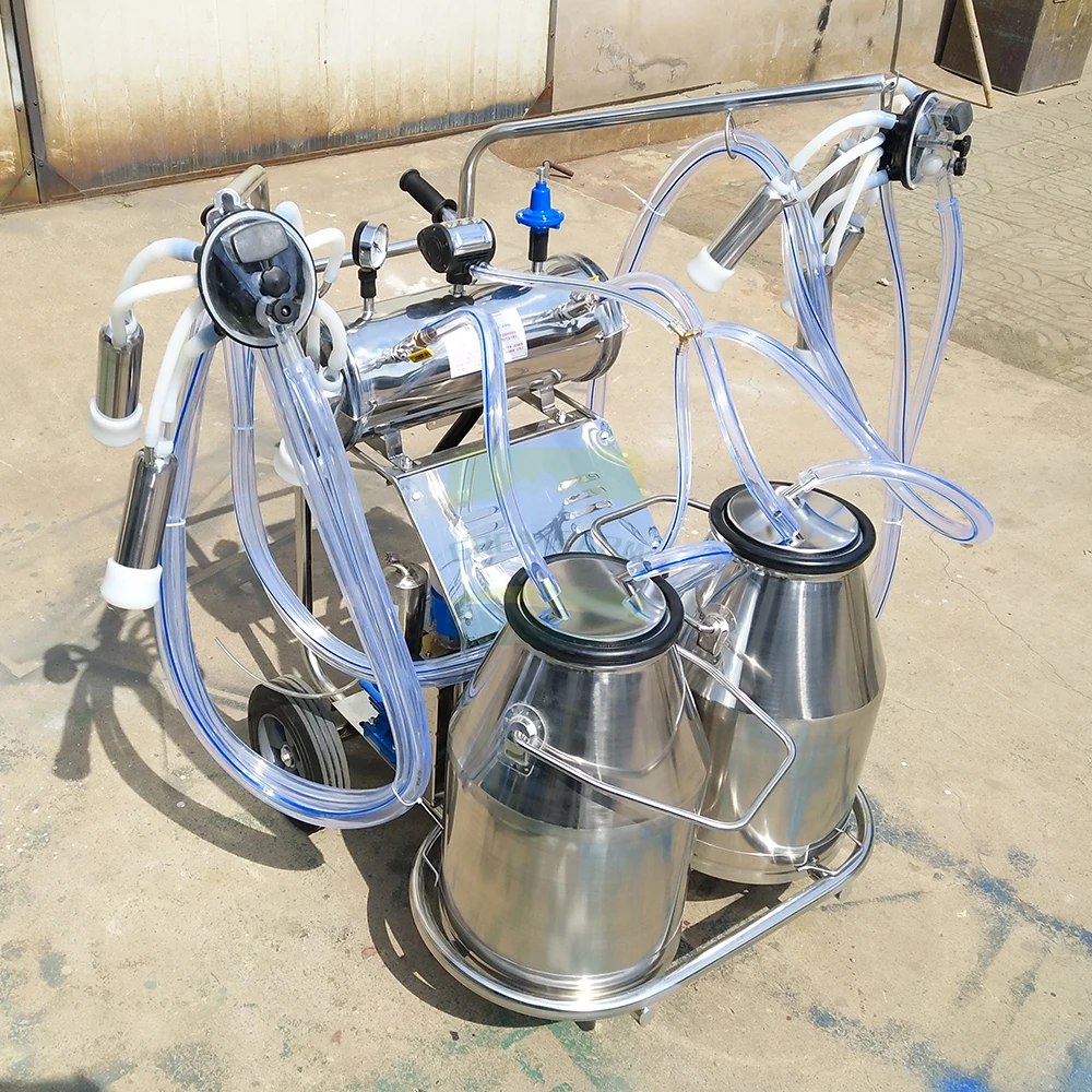 Food Grade 304 Stainless Steel Vacuum Double Bucket Milking Machine with Wheels