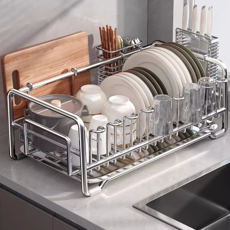 

304 Stainless Steel Dish Drainer Kitchen Sink Organizer with Utensil Holder Multifunctional Countertop Drying Rack for Plates