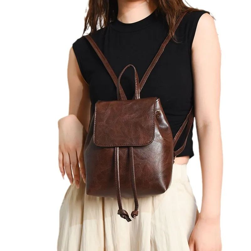 

Backpack Women's 2025 Spring/Summer New Simple Literary and Versatile Shoulder Drawstring Small Retro Brown Shoulder Bag
