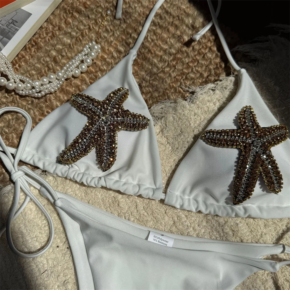 Biquíni de strass brilhante estrela do mar praia maiô corda rendas até roupa de banho feminina 2 peça praia biquinis roupa de férias