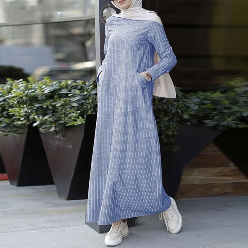 Abayat Vintage Casual Long Sleeve Abayas for Women, Striped Cotton and Linen Dress, Dubai 2023