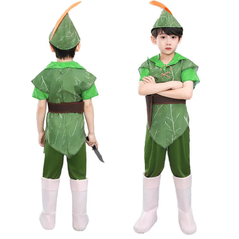 

Halloween Children Cute Green Elf Costume Party Stage Performance Peter Pan Green Clothing with Cap Christmas Carnival Outfits
