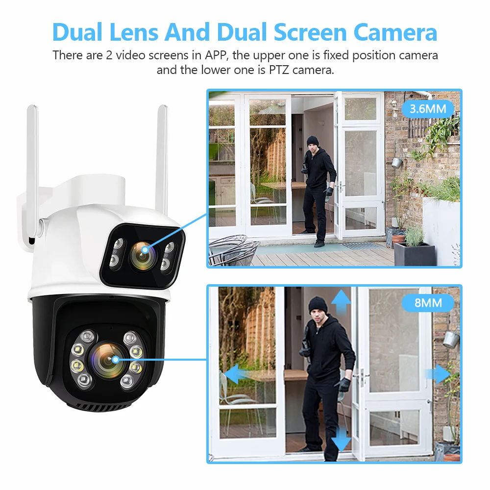 8MP 4K Dual Lens Wifi PTZ Camera Smart Home Night Vision Dual Screen Outdoor 6MP Security Protection CCTV IP Camera ICSEE APP